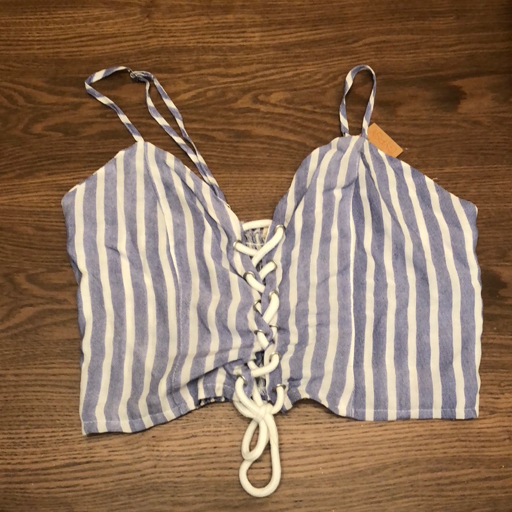 Lace up blue stripe crop top